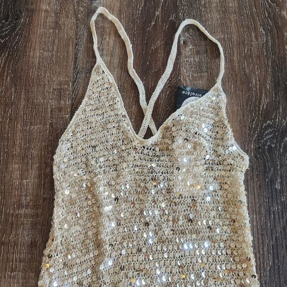 Retrofete Marie Crochet Maxi Dress in Gold Cream Size M/L NWT Sleeveless - Picture 4 of 13